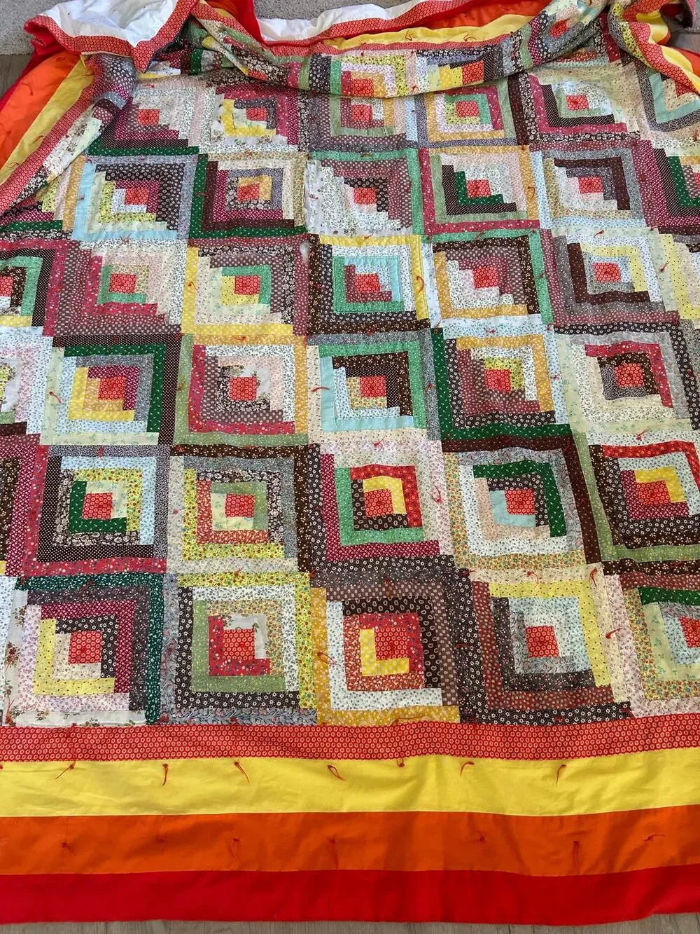 Handmade Full Size Log Cabin Patchwork Quilt Floral Calico Cottage Farmhouse